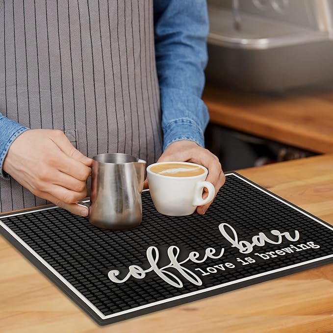 New Mungo Coffee Bar Mat – “Love Is Brewing” – Spill-Proof PVC Coffee Station Mat, Non-Slip Countertop Protector 18"x12"