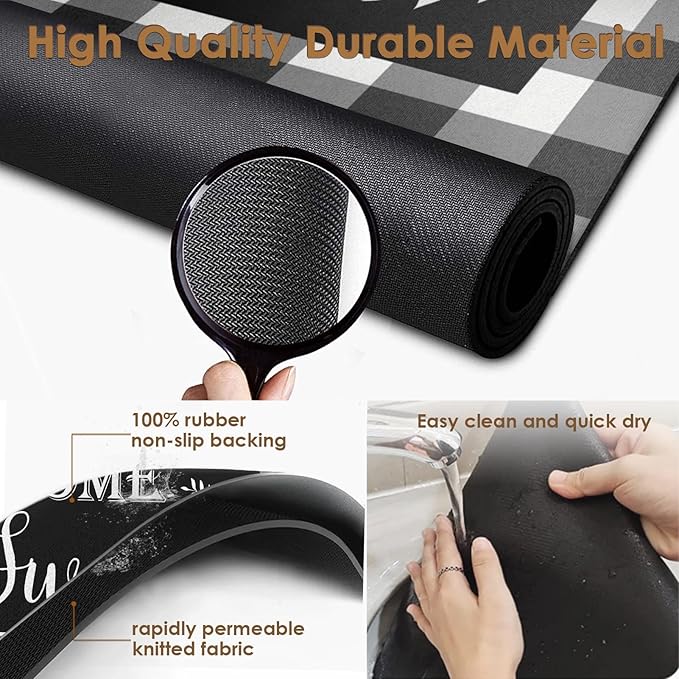 Arttown Coffee Mat for Countertops, Black White Grey Buffalo Grid Dish Drying Mat 2 Pcs for Kitchen Bar Accessories, Fit Under Coffee Maker Espresso Machine Dish Rack Hide Stain Rubber 12x19in