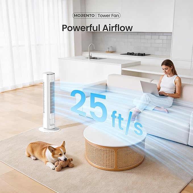 MORENTO 36-Inch Smart Tower Fan with Remote, 25ft/s Standing Fan with WiFi, App & Voice Control, 4 Modes, 4 Speeds, 12-Hour Timer, 90° Oscillating Fan for Bedroom and Office, White, 1 Pack