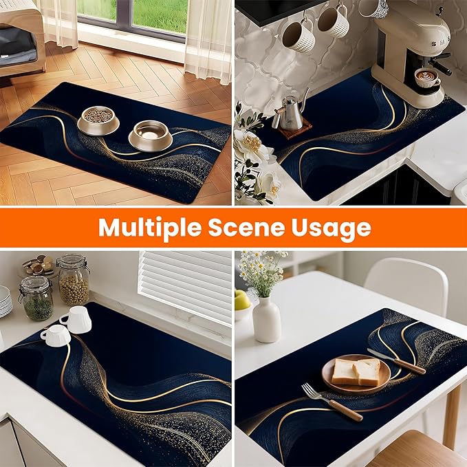 Coffee Mat 17"x32" - Extra Large Absorbent Non Slip Dish Drying Mat,Coffee Bar Accessories,Kitchen Counter Protector for Coffeemaker, Sink, Dining Decor (Lines)