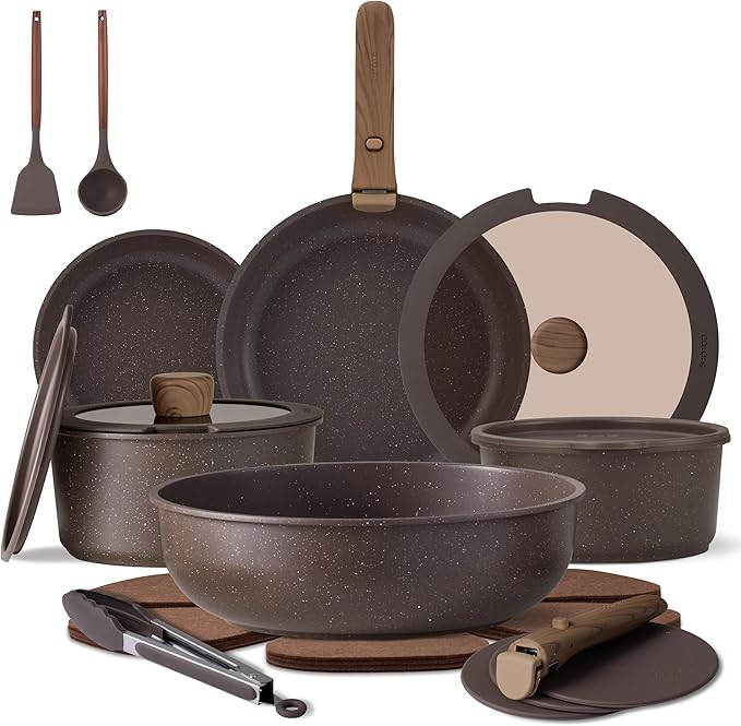 CAROTE 21PCS Pots and Pans Set Non Stick with Detachable Handle, Nonstick Cookware Sets, Cooking Kitchen Set, Oven/Dishwasher Safe, Induction Cookware, Brown, RV Kitchen Pot and Pan