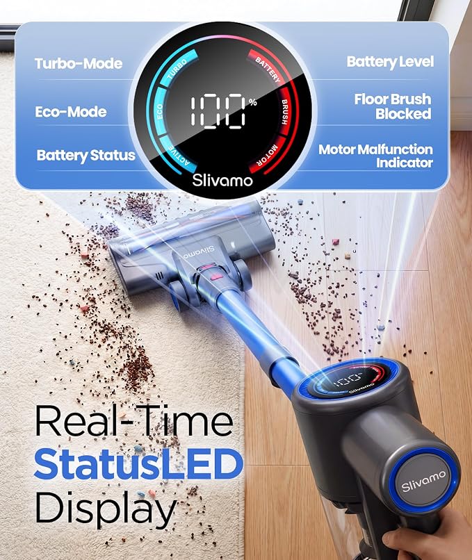 S10 Cordless Vacuum Cleaner, 40KPA/500W/45Mins, LED Display | 8-in-1 Lightweight Stick Vacuum Cleaners for Home with Green LED Light, 6-Stages Filtration, Self-Standing Design, Blue