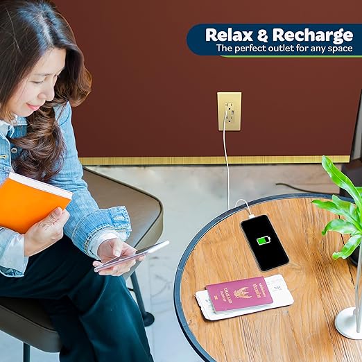 TOPGREENER 2-Port USB Outlet, Type C USB Wall Charger Outlet, 20 Amp TR Receptacle Plug, Charging Power Outlet with USB Ports, Wall Plate Included, UL Listed,TU22036AC-GDWSI-2PCS, Gold, 2Pack