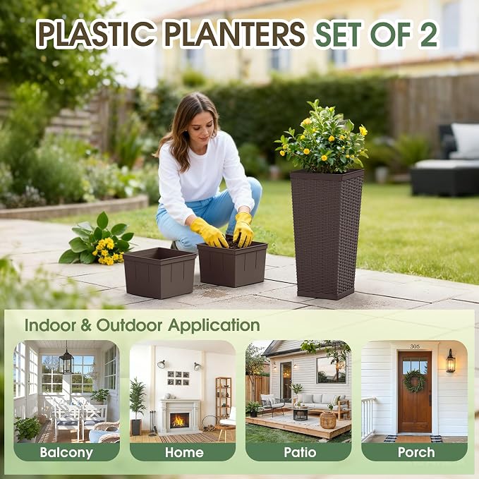 24 Inch Tall Plastic Planters (Set of 2), Detachable Inner Pot & Drainage Holes, Outdoor Decorative Flower Pots for Large Plants, Trees, Patio, and Garden, Brown