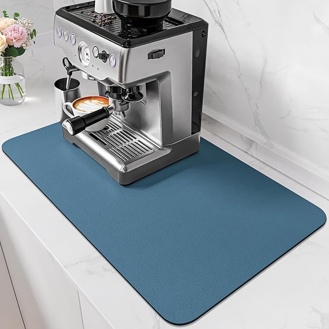 PoYang 24"x16" Coffee Mat Large, Coffee Bar Accessories for Countertop, Absorbent Dish Drying Mat, Anti-Slip and Hide Stain Pad for Espresso Machine, Espresso Maker and Kitchen Counter, Blue