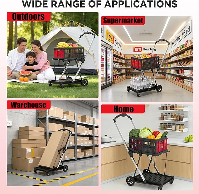 Collapsible Shopping Cart with Wheels,2 Tier Multi Use Foldable Shopping Cart with 2 Storage Crates,Folding Shopping Trolley Utility Cart for Office,Groceries, Warehouse,Supermarket,Picnic (Red)