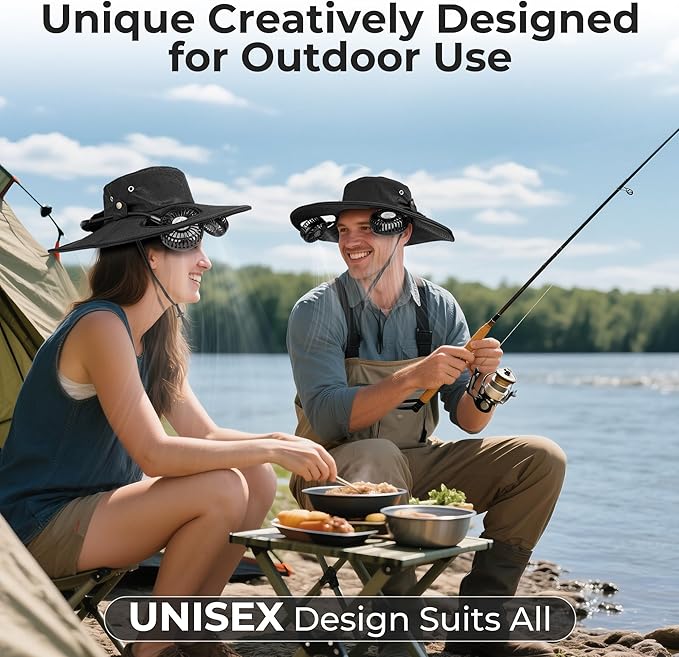Cooling Sun Hat with Fan Rechargeable, UPF50+ Bucket Hat, 8-16H Neck Fan Hat for Camping Beach Essentials, Gift for Men Women