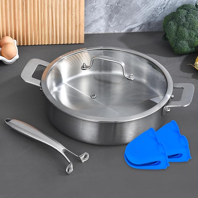 LOLYKITCH Sauté Pan, 6QT Tri-Ply Stainless Steel Deep Cooking Pan, 12 Inch Everyday Pan with Lid, Large Induction Frying Skillet Compatible with All Cooktops, Two Ergonomic Handles for Conversion