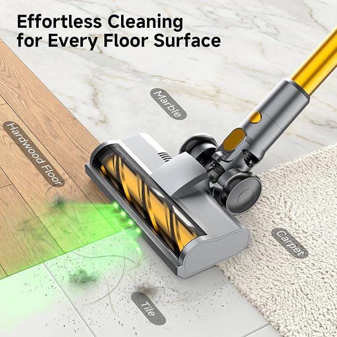 Cordless Stick Vacuum Cleaner - 40KPA Powerful Suction Vacuum with 45 Min Runtime, Detachable Battery, Anti-Tangle & 1.5L Dust Cup, 8 in 1 Vacuum Cleaner for Pet Hair, Carpet, HardFloor, Yellow