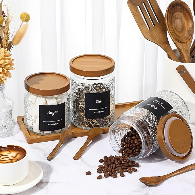 3 Pcs Glass Coffee Container Set with Wooden Lid Spoon Shelf Labels Clear Sugar Tea Airtight Jar Food Storage Canisters Set for Spice Holder Coffee Bar Gifts(Sunflower,16oz,24oz,32oz)