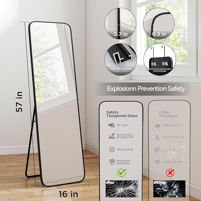 SCWF-GZ 57x16 Full Length Mirror Over The Door Hanging, Floor Stand/Wall Mounted Aluminum Alloy Frame Dressing Mirror for Bedroom Living Room 57 inch Black
