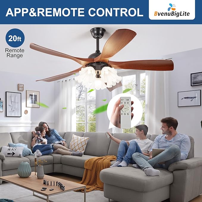 Ceiling Fans with Lights and Remote: 46-Inch Ceiling Fan 5 Blades Flower Low Profile Outdoor - Walnut Ceiling Fans with Remote Control Quiet Reversible DC Motor for Living Room
