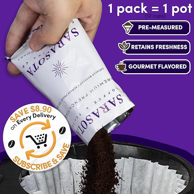 Coffee Packets – Dark French Roast Ground, 2.5oz Extra-Strong Pre-Measured Packs for 12-Cup Drip Brewers, Bulk Single-Pot Fractional Bags, 36 Count | Sarasota Coffee