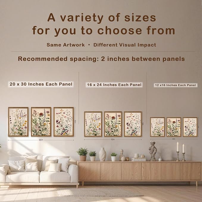 WRFON Botanical and Flower Canvas Wall Art, Framed Wildflower Wall Art Set of 3, Vintage Meadow Flower Canvas Prints, Cottagecore Floral Decor for Living Room Bedroom Bathroom Farmhouse Home, 20x30