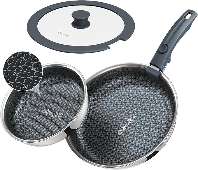 Ciwete Hybrid Non Stick Frying Pans Set 4-Piece, 8 & 9.5 Inch Tri-Ply Stainless Steel Pans with Lid and Detachable Handle, PFOA Free Skillets for All Cooktops, Dishwasher & Oven-Safe Cookware Set