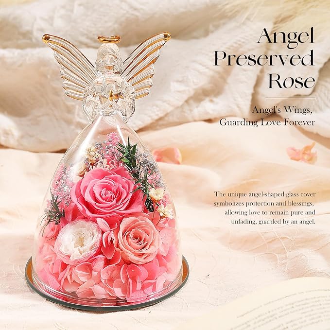 Mothers Day Roses Gifts for Mom Forever Preserved Real Roses Flowers in Glass Angel Figurines Fresh Flowers for Delivery for Grandma Women Mom Wife from Daughter/Pink