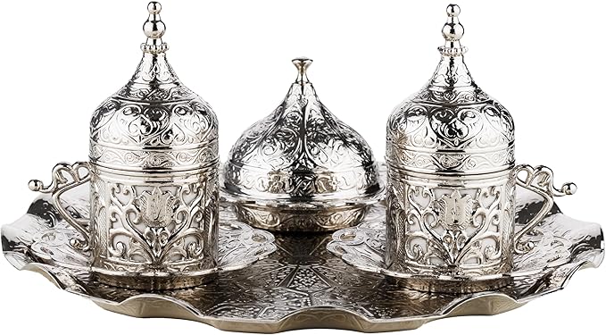DEMMEX Turkish Greek Arabic Coffee Making and Serving Full Set with Cups Saucers Lids Sugar Bowl Tray and Copper Coffee Pot, Hand Decorated with Gold Crystals, 12 Pcs (Silver)