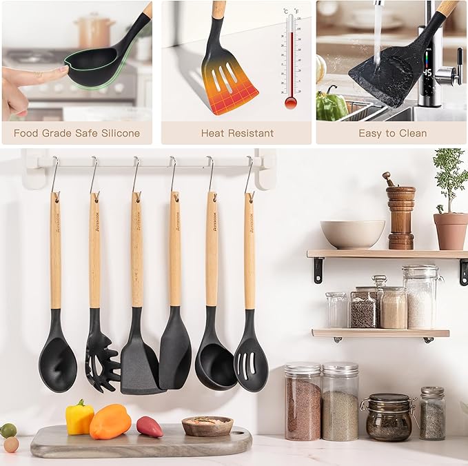 Astercook 39 PCS Kitchen Utensils Set, Silicone Cooking Utensil Sets with Wooden Handle, 446°F Heat Resistant Food Grade Spatula Set, BPA Free Kitchen Gadgets Tools Set for Mothers Day Gifts