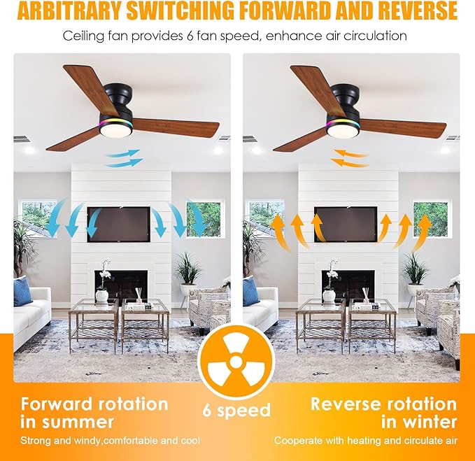 Asyko 46" RGB Ceiling Fans Light,Low Profile Ceiling Fans with Lights and Remote,Modern Flush Mount Ceiling Fan Light with Quiet Reversible DC Motor for Bedroom Kids Room