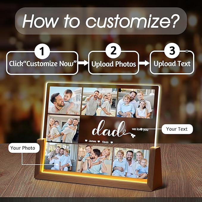 Personalized Dad Gifts For Fathers Day, Fathers Day Birthday Gifts From Daughter Son Kids Wife, Custom Acrylic Plaque Picture Frame With Photo Name, Customized Gift For Dad Grandpa Husband Christmas