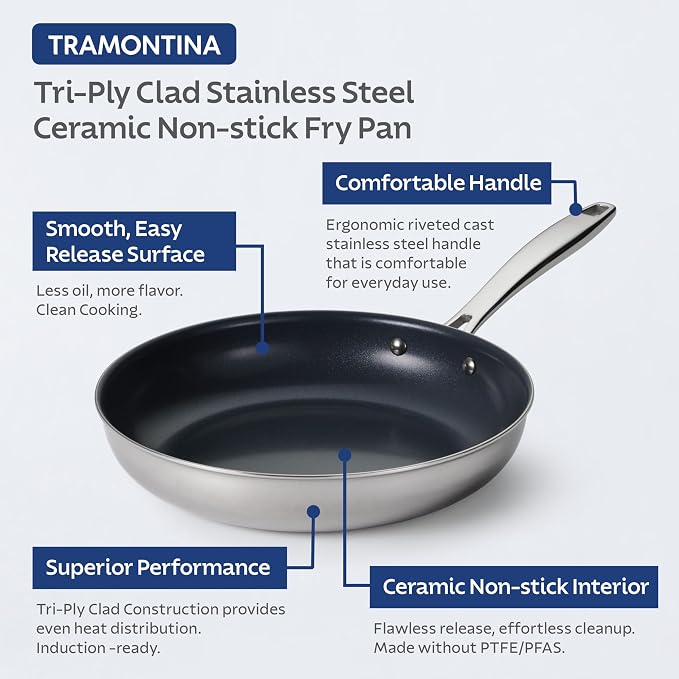Tramontina Signature 10-Inch Tri-Ply Clad Stainless Steel Frying Pan with | Ceramic Non Stick Interior, Induction-Ready Skillet, Oven-Safe