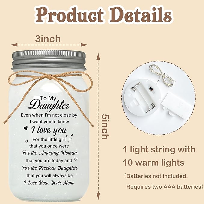 Daughter Gifts from Mom, to My Daughter Mason Jar Night Lights, Christmas Mother's Day Birthday Gift for Daughter, 18th Birthday Gifts
