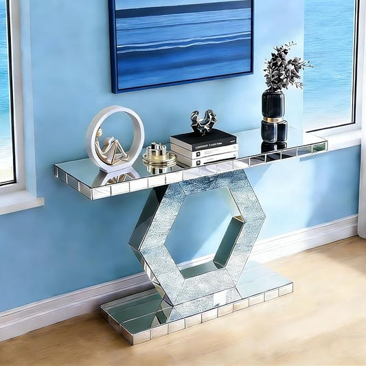 SSLine Mirror Console Table for Living Room 55" Modern Mirrored Entryway Table with Shiny Hexagon Base Luxury Glass Foyer Tables for Entryway Hallway