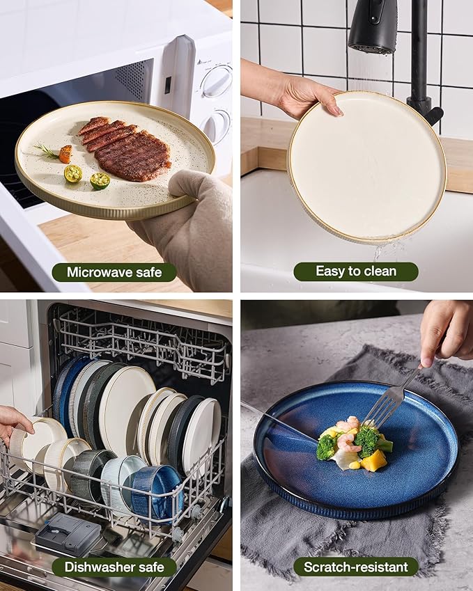 Famiware Star 18-Piece Stoneware Plates and Bowls Sets, Service for 6, Ceramic Dinnerware with Trim, Modern Rustic Dishes for Everyday/Formal, Chip/Scratch Resistant, Microwave/Dishwasher Safe, White