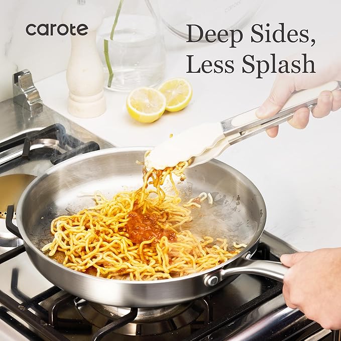 CAROTE 7-Piece Tri-Ply Stainless Steel Frying Pan Set, Skillet Set 8"/10"/12", Induction Compatible, Oven & Dishwasher Safe, Silver Handle