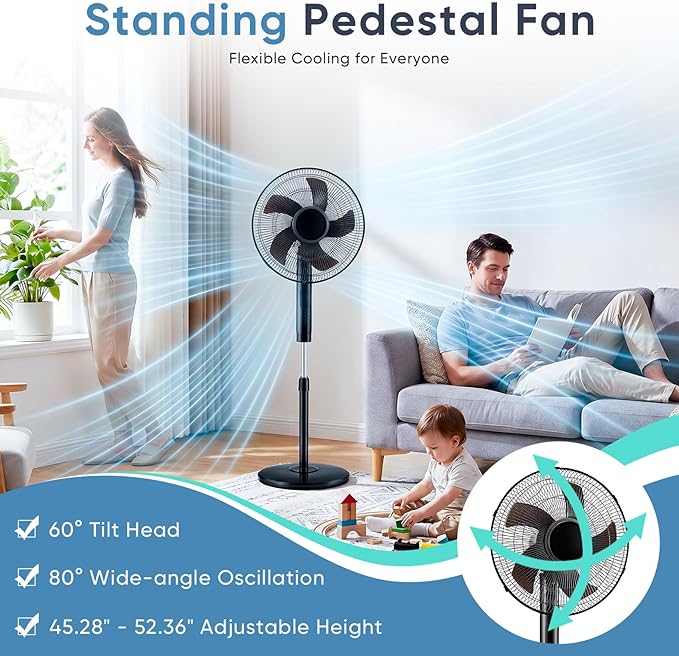 NEWBULIG 17" Pedestal Fan with Remote, 15H Auto Timer, Quiet Standing Fan for Bedroom, Living Room & Office, 3 Speeds, 3 Modes, Adjustable Height & 80° Oscillation