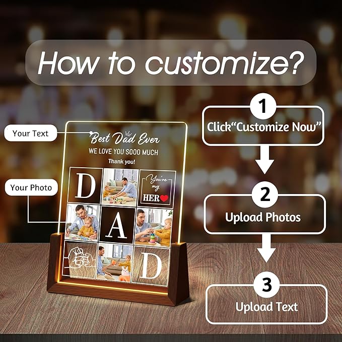 Personalized Dad Gifts For Fathers Day, Custom Fathers Day Birthday Christmas Gifts From Daughter Son Wife Kids, Acrylic Light Up Picture Frame Plaque With Photo Name, Customized Best Dad Ever Gift