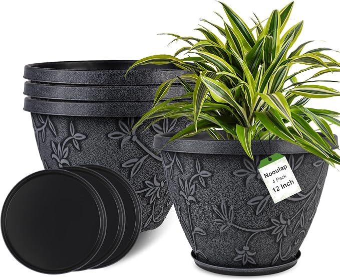 Nooulap 4 Pack 12 Inch Plant Pots for Outdoor Indoor, Plastic Flower Pots with Drainage Hole & Saucer, Modern Decorative Large Garden Pot, Imitation Magnolia Pots for Garden House Planters（Gray）