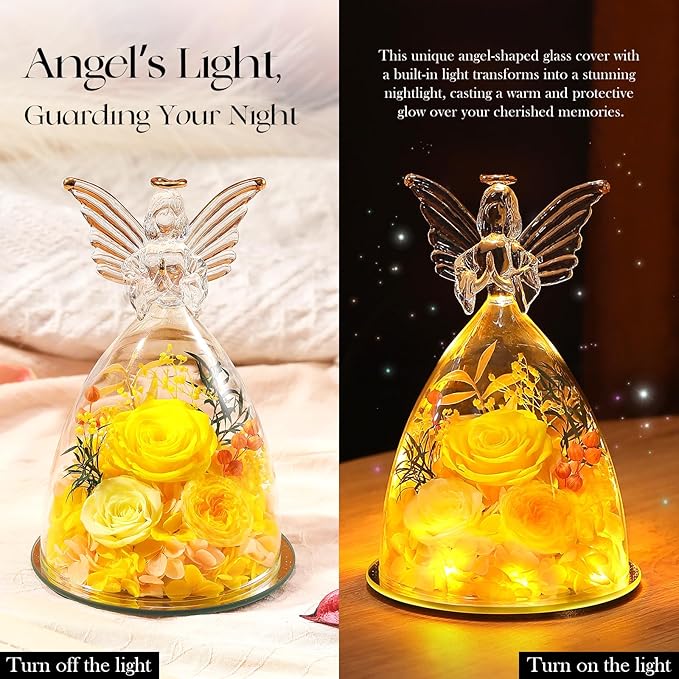 Mothers Day Roses Gifts for Mom Forever Preserved Real Roses Flowers in Glass Angel Figurines Fresh Flowers for Delivery for Grandma Women Mom Wife from Daughter/Yellow