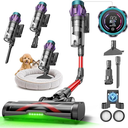 Ultenic Cordless Vacuum Cleaner, 55KPA/650W/80Mins, Cordless Stick Vacuum with 180°Bendable Wand, Touch Screen, Anti-Tangle Brush, Self-Standing, Vacuum Cleaners for Home/Floor/Pet Hair/Carpets