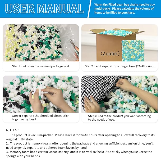 Shredded Memory Foam Filling 10lbs for Bean Bag Filler, Pillow Stuffing Cushion Arts Crafts Refill, Without Added Gel Particles, Premium Soft and Great for Stuffing, Multi Color and Shape
