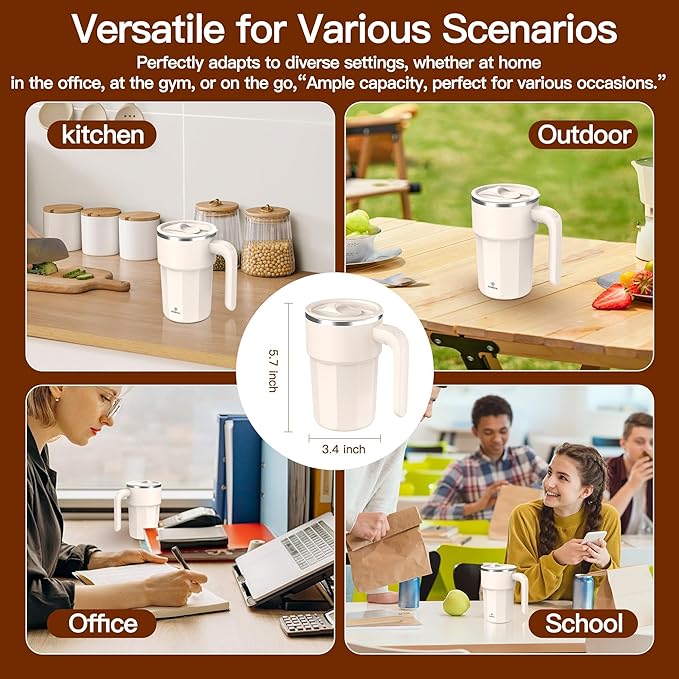 Self Stirring Coffee Mug, 12oz Rechargeable Magnetic Mixing Cup, 316 Stainless Steel Electric Stirring Cup with Lid & Handle for Coffee, Cocoa, Matcha, Creamer, Mushroom Coffee, Cream