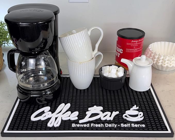 Brewed Fresh Daily Silicone Coffee Bar Mat 18x12 in, Self Serve Coffee Station Sign Mat, Hostess Gift, Farmhouse Kitchen Decor, Non-Slip Espresso Machine Mat, Barista Accessories