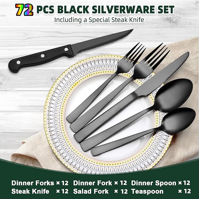 CEKEE 72-Piece Black Silverware Set with Steak Knives, Stainless Steel Flatware Set for 12, Tableware Cutlery Set, Kitchen Utensils Set for Home & Restaurant, Heavy Duty & Mirror Finished