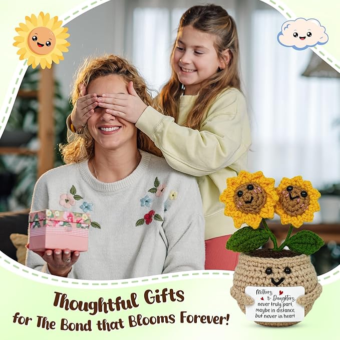 OASSIE Gifts for Mom from Daughter - Handmade Emotional Support Crochet Sunflower with Card - Long Distance Mothers Day Birthday Gifts for Mom, Mother Daughter Gift Ideas, Mama Gift