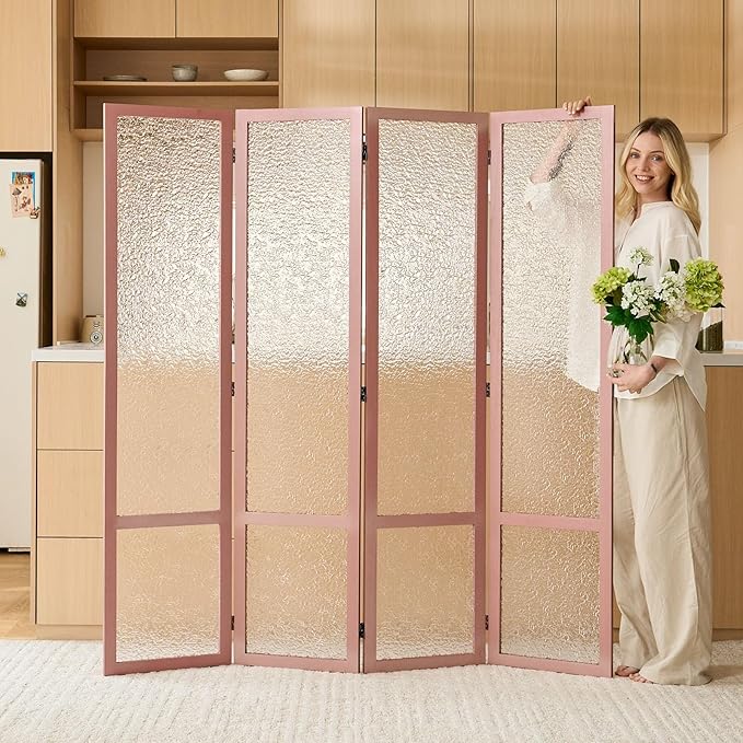 4 Panel Acrylic Room Divider Privacy Screen - Freestanding Frosted Translucent Partition, Lightweight Modern for Home Office Studio (Pink, 4 Panels)