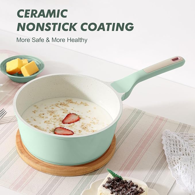 SENSARTE Ceramic Nonstick Saucepan with Lid 1.5 QT, PTFE/PFAS Free, Green | Small Kitchen Cooking Pot with Stay Cool Handle, Induction Compatible, Ceramic Coating
