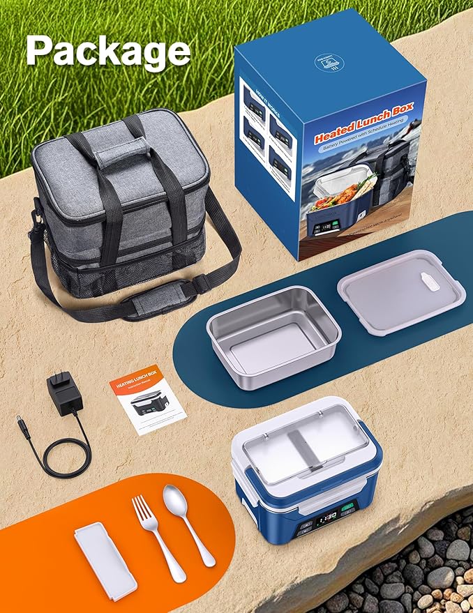 EAST OAK Cordless Electric Lunch Box for Adults, Heated Lunch Box Battery Powered with Automatic Heating, 5.5 Cups Self Heating Lunch Box Cordless with Removable Tray Divider
