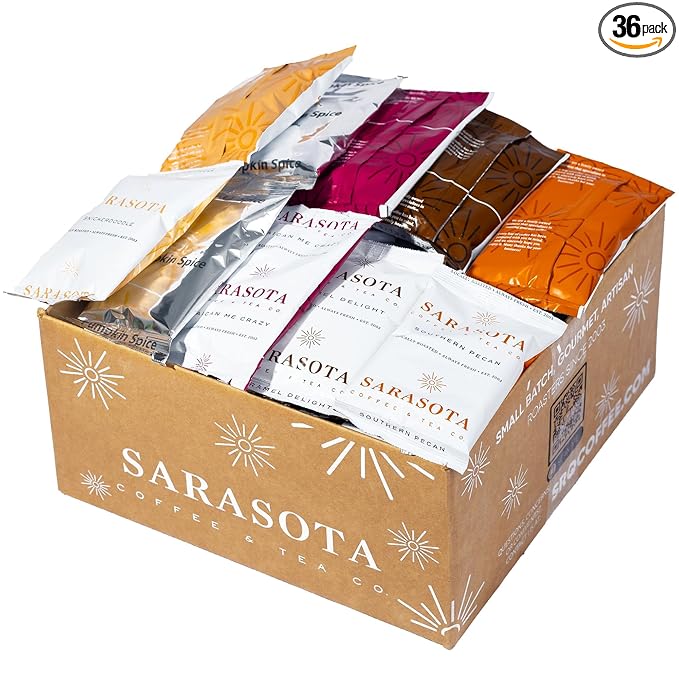 Flavored Ground Coffee Sampler Pack – Variety Gift Set, Medium Roast, Low Acid, Pre-Measured 2oz Pouches, Gourmet Bulk Coffee Packets for 12-Cup Drip Makers
