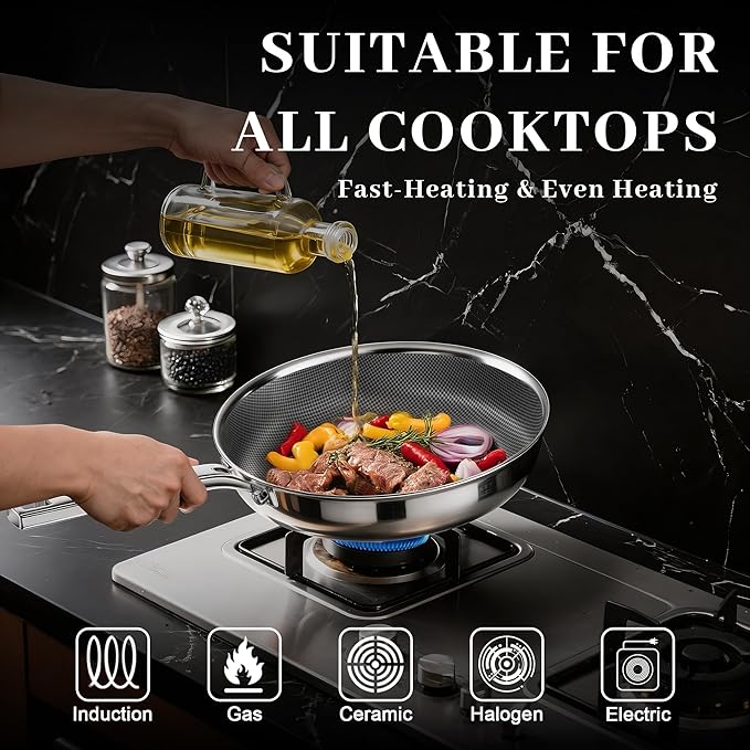FogDream 10" Titanium Nonstick Frying Pan with Lid, Stainless Steel Skillet, Induction & Oven Safe (500°F), Dishwasher Safe, PFOA Free, Kitchen Set with Detachable Handle