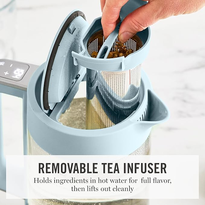 Martha Stewart Electric Kettle with Removable Stainless Steel Tea Infuser,  Glass Carafe 1.7L (7 Cups), Hot Water Boiler, 4 Presets, Keep Warm & Auto Shut-Off, Cordless 360° Swivel Base, Sky Blue
