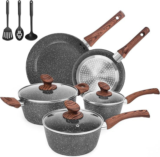 M MELENTA Granite Pots and Pans Set Non Stick, 11 Piece Die-Cast Induction Cookware Set, Nonstick Kitchen Cooking Set w/Frying Pans & Saucepans, PFOA Free