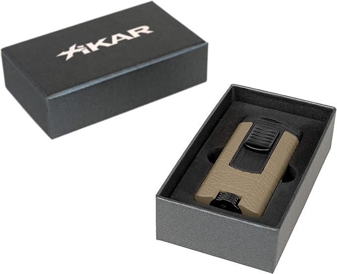 Xikar Tactical Triple Power Jet Flame Lighter, Engineered for Performance, Removable Pocket Clip, Angled Jet Flames, Ergonomic Metal Body, Tan and Black