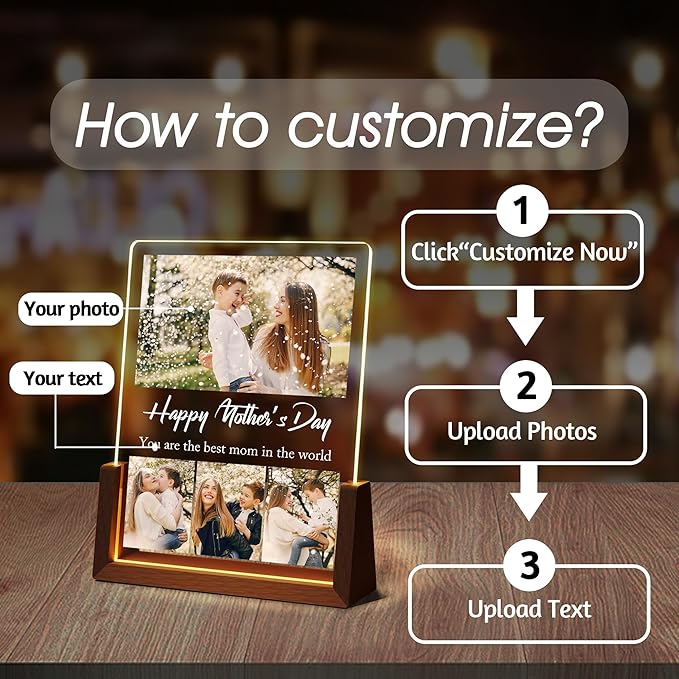 Personalized Mothers Day Birthday Gifts For Mom, Customized Moms Gifts From Daughter Son Husband, Custom Acrylic Plaque With Photo Name, Light Up Picture Frame For Mom Grandma Wife Christmas Gift