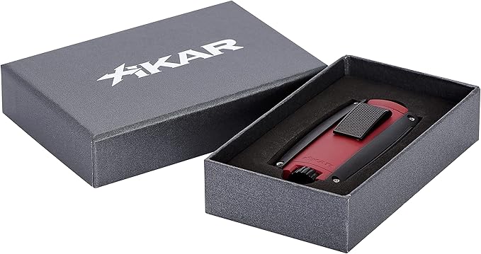 Xikar Turismo Double Jet Flame Cigar Lighter, Attractive Gift Box, Pocket-Friendly, Protective Flip-Lid, Over-Sized Fuel Tank, Matte Red