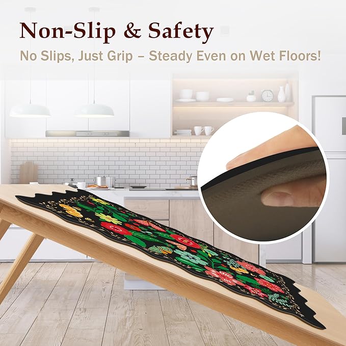 Arenarug Scalloped Black Kitchen Mats for Floor Cushioned Anti Fatigue Kitchen Mats Rugs Waterproof Non Slip Farmhouse Boho Floral Comfort Foam Standing Mat for Sink Laundry, 17.3x47